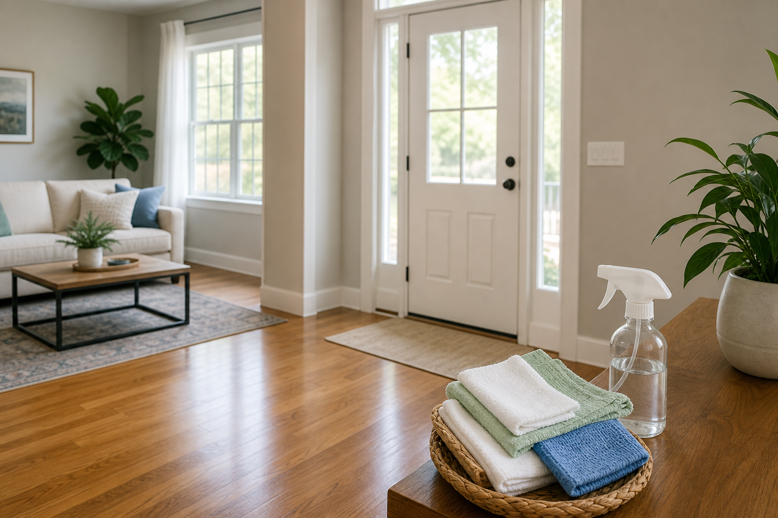 A freshly cleaned home entry with folded cloths and polished wood floors